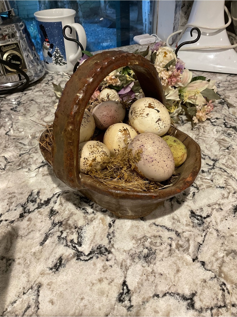 BP-Decorative Brown Ceramic Basket with Speckled Faux Eggs